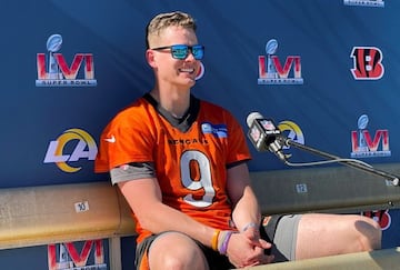 Cincinnati Bengals quarterback Joe Burrow speaks with the media after a practice on the campus of University of California, in Los Angeles, California, U.S., February 11, 2022. REUTERS/Rory Carroll