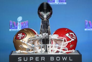 Helmets for the San Francisco 49ers and Kansas City Chiefs on display 