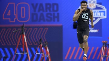 INDIANAPOLIS, INDIANA - MARCH 06: Percy Butler #DB45 of Louisiana-Lafayette runs the 40 yard dash during the NFL Combine at Lucas Oil Stadium on March 06, 2022 in Indianapolis, Indiana.   Justin Casterline/Getty Images/AFP == FOR NEWSPAPERS, INTERNET, TE